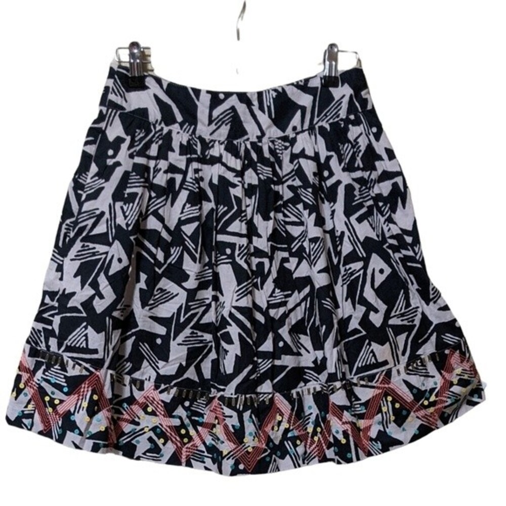 Odille Anthropologie cotton full skirt geometric pattern sequins, flowy 4